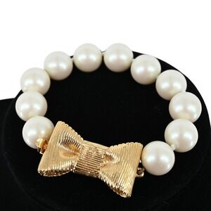 Kate Spade New York Faux Pearl Bracelet Gold Textured Bow Clasp Cream 8.5 Inch